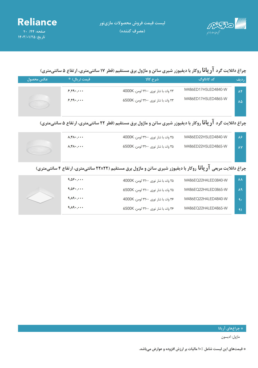 لیست قیمت مازی نور