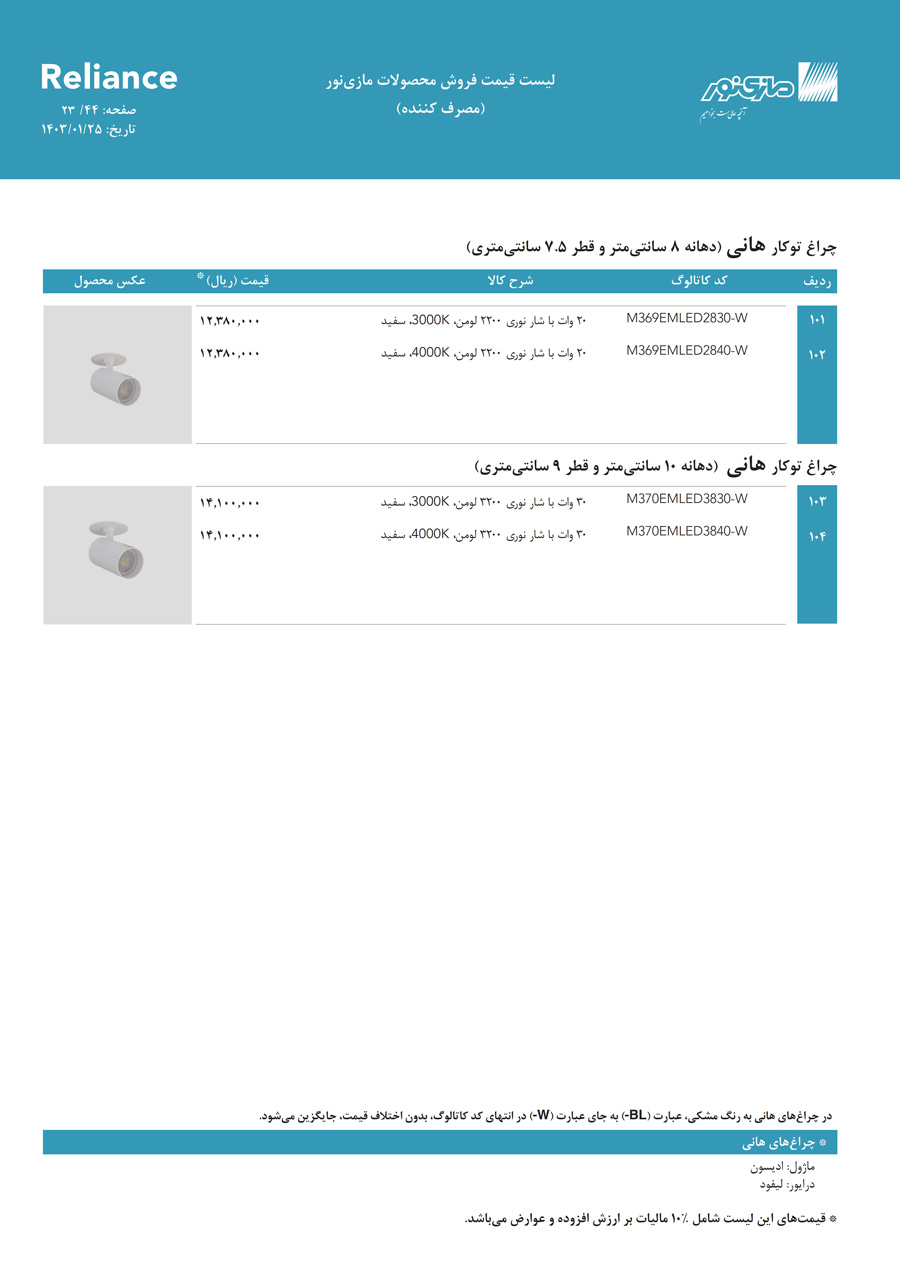 لیست قیمت مازی نور