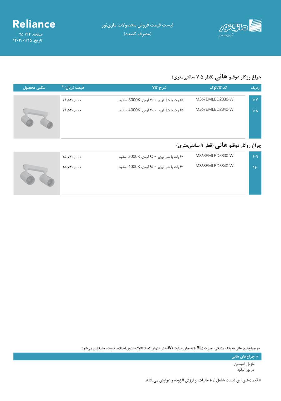 لیست قیمت مازی نور