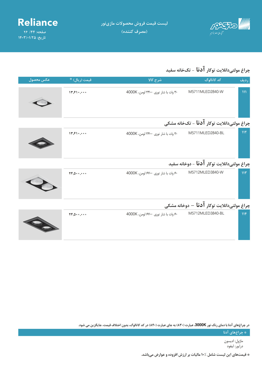 لیست قیمت مازی نور