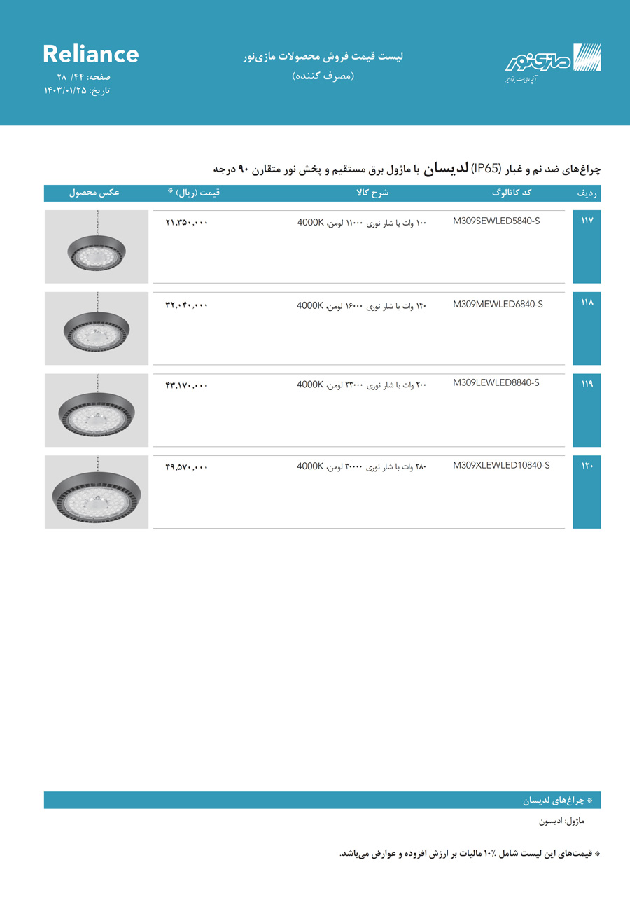 لیست قیمت مازی نور