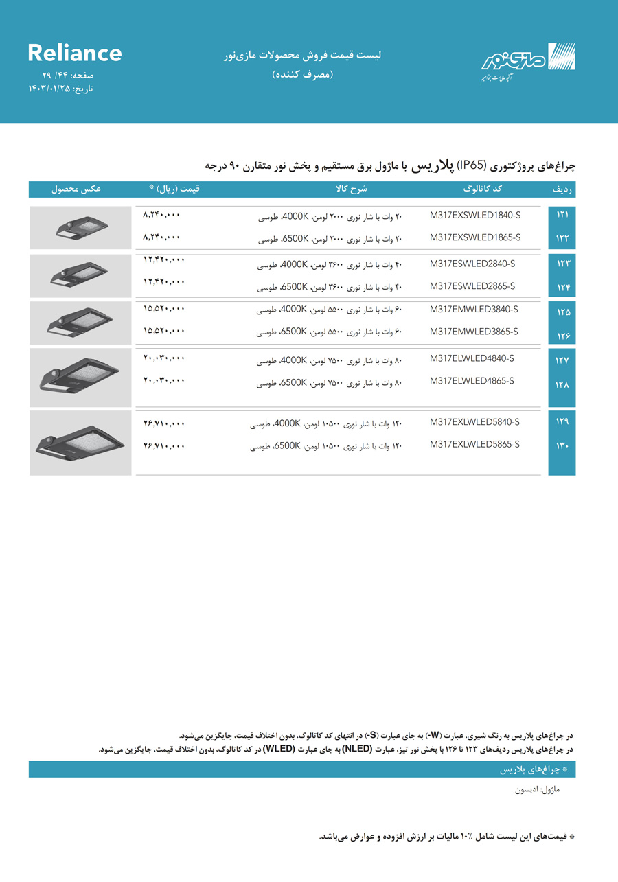 لیست قیمت مازی نور