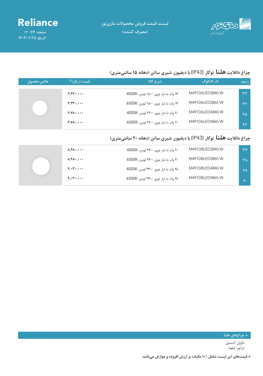 لیست قیمت مازی نور