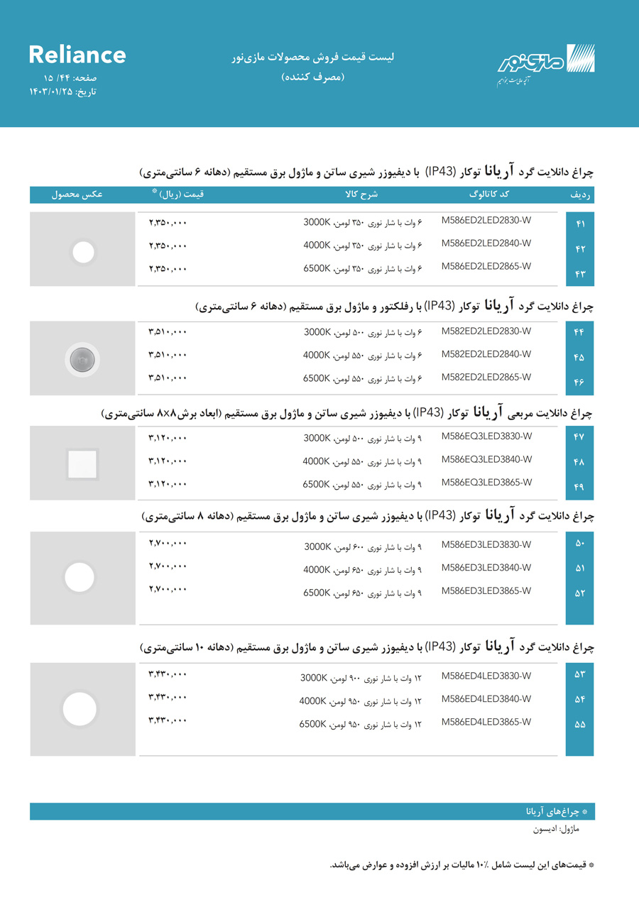 لیست قیمت مازی نور