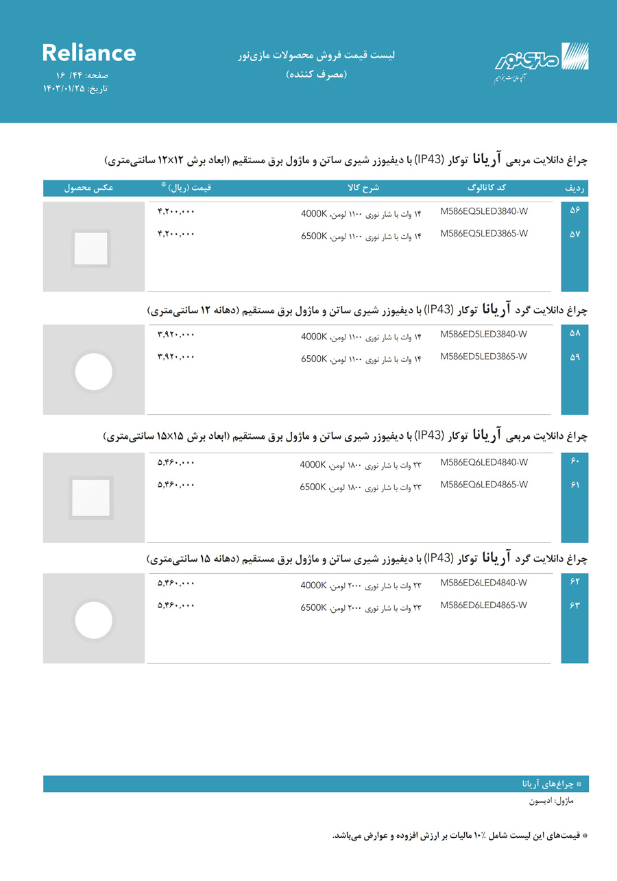 لیست قیمت مازی نور